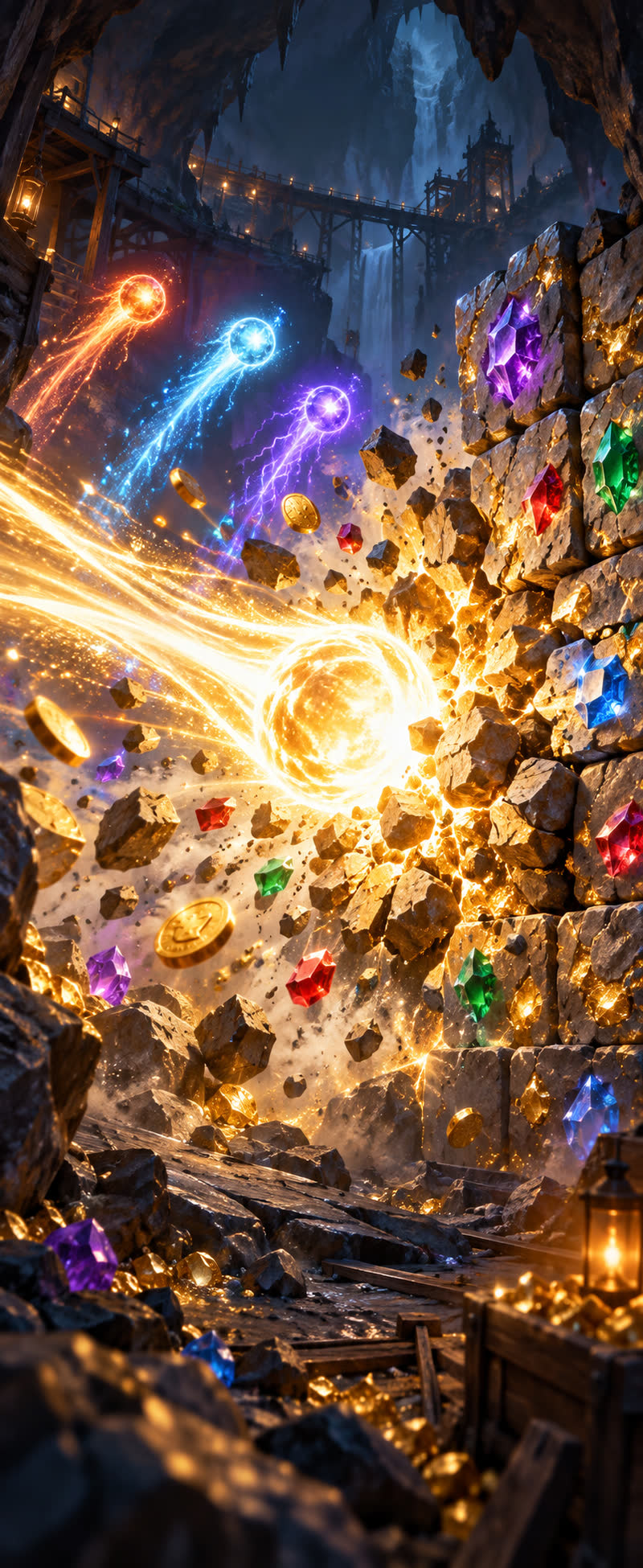 A blazing orb smashes into a wall of gem-studded stone, sending gold coins and rubble flying through a lantern-lit mine.