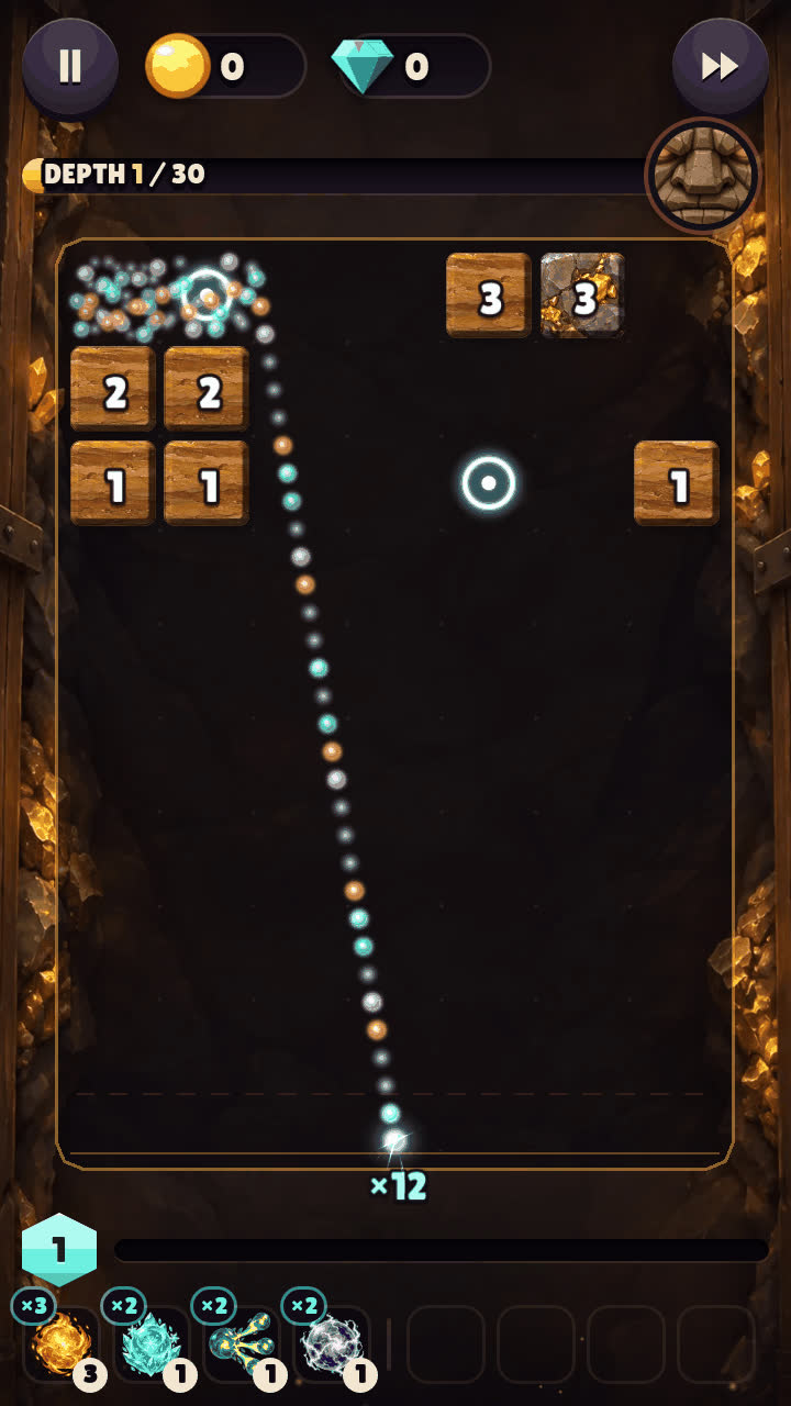 A dotted aim guide arcs up from the launcher toward numbered stone blocks.