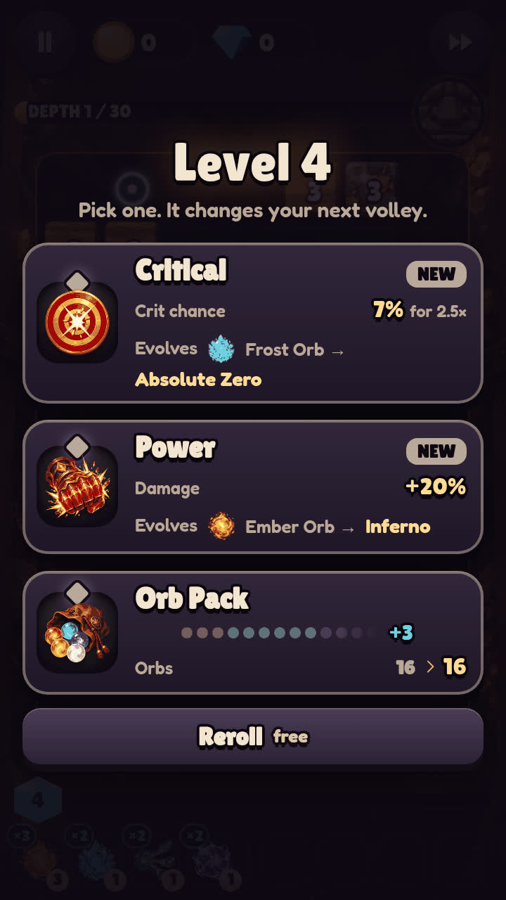 The Level 4 screen offers three cards: Critical, Power and Orb Pack.